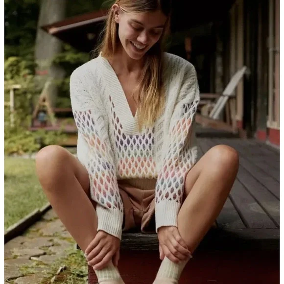 Anthropologie Maeve V-Neck Cable-Knit Lamb's Wool Sweater Women’s Size XL Ivory - Picture 1 of 12